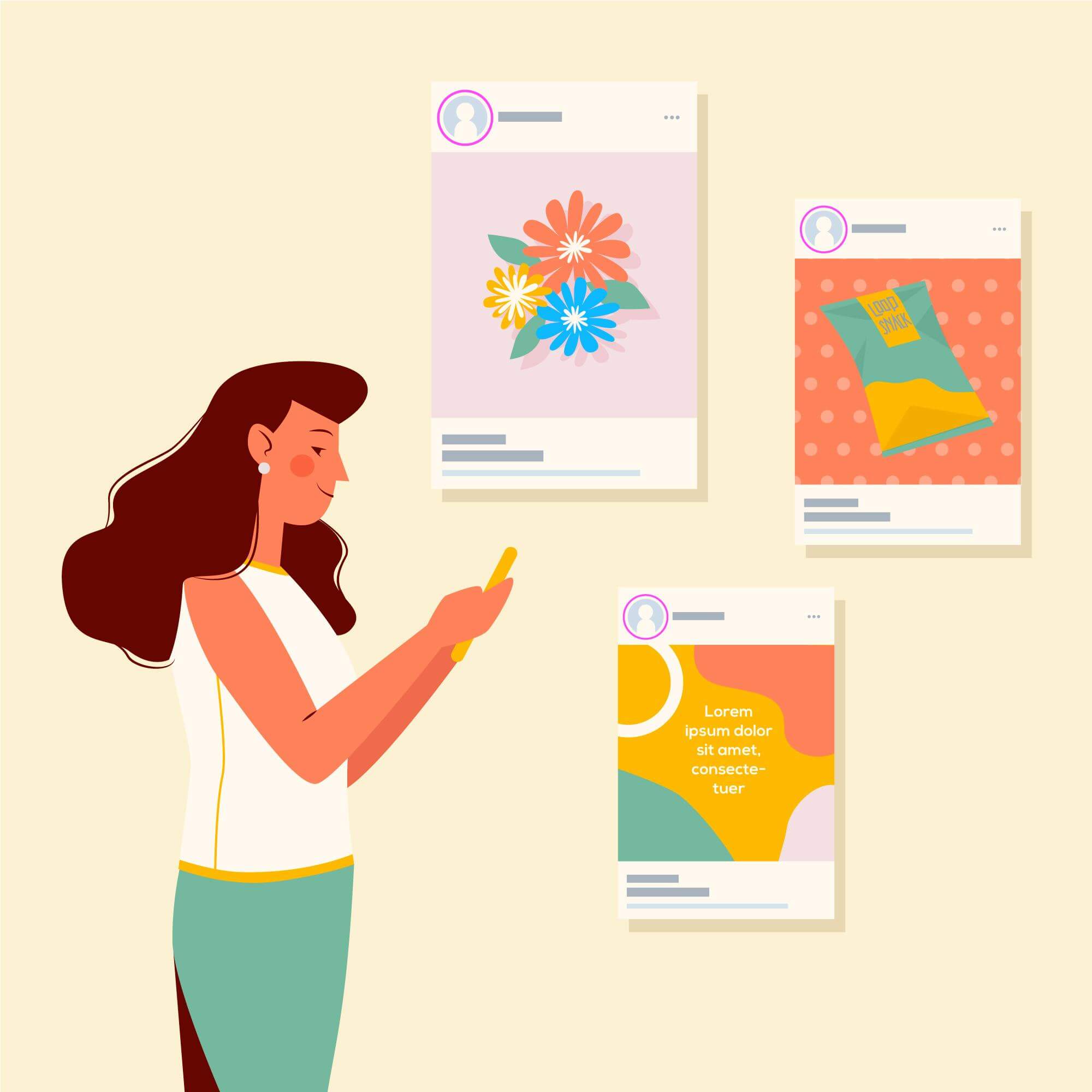 drawing of a woman looking at various posts