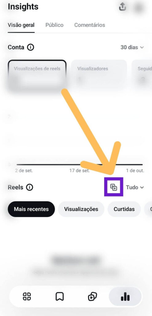 Aba insights do Edits do Instagram com indicativos em ícone de comparar Reels