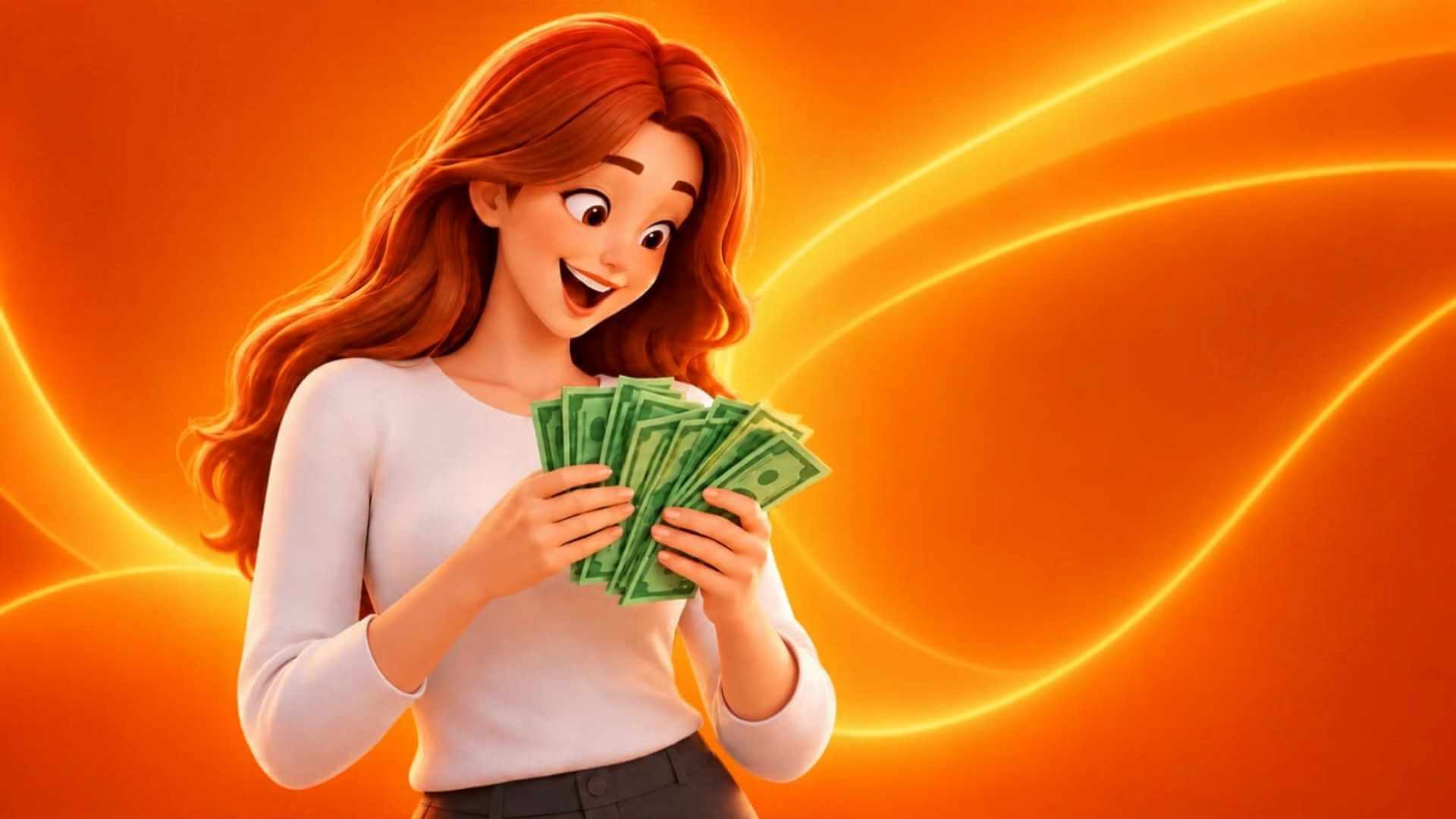 Desenho de mulher feliz contando dinheiro em dólar representando nova forma de monetizar no Instagram
