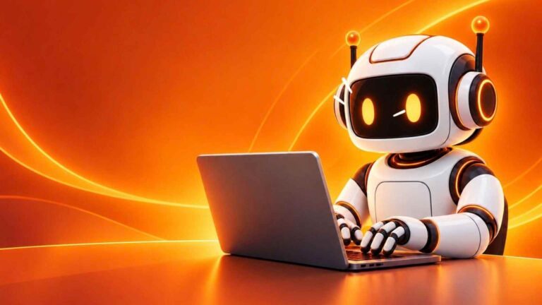 Desenho de robô digitando em notebook representando-funcionamento do Meta Business Agent