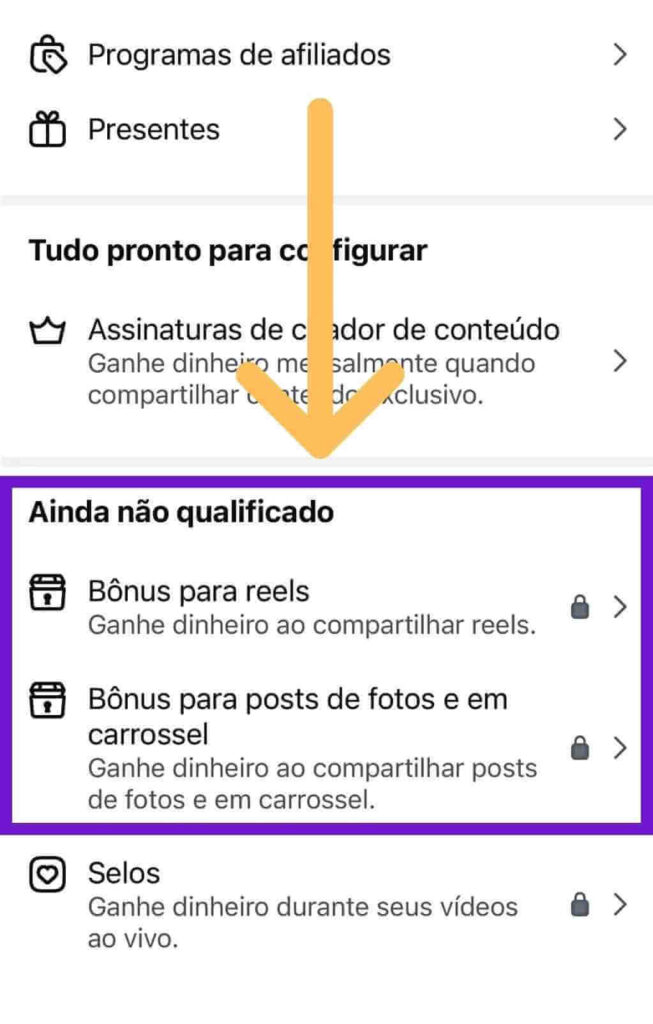 Tela de ferramentas de monetização do Instagram com indicativos em bônus de Reels e posts