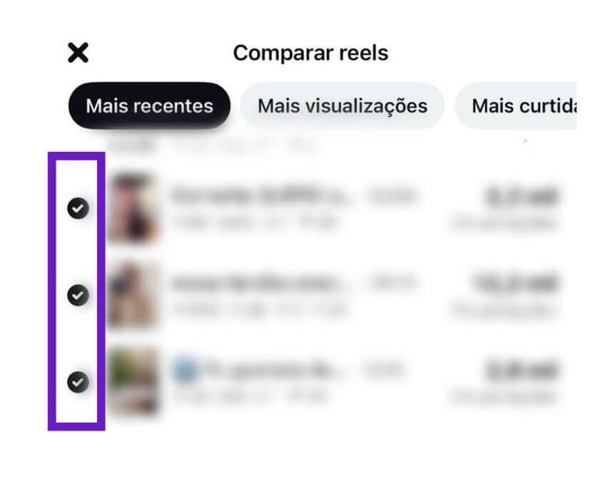 Tela de seleção de Reels para comparar no Edits com indicativos em três vídeos escolhidos