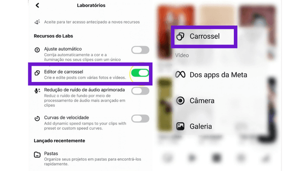 Telas de ativação de criação de carrossel no Edits